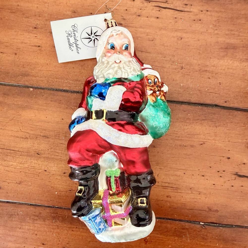 Christopher Radko Santa, Puppy Christmas Ornament, Dogs 8 Inch Holiday Decor